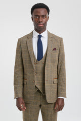 Mens 3 Piece Herringbone Tweed Tan Brown Check Suit Tailored Fit Double Classic