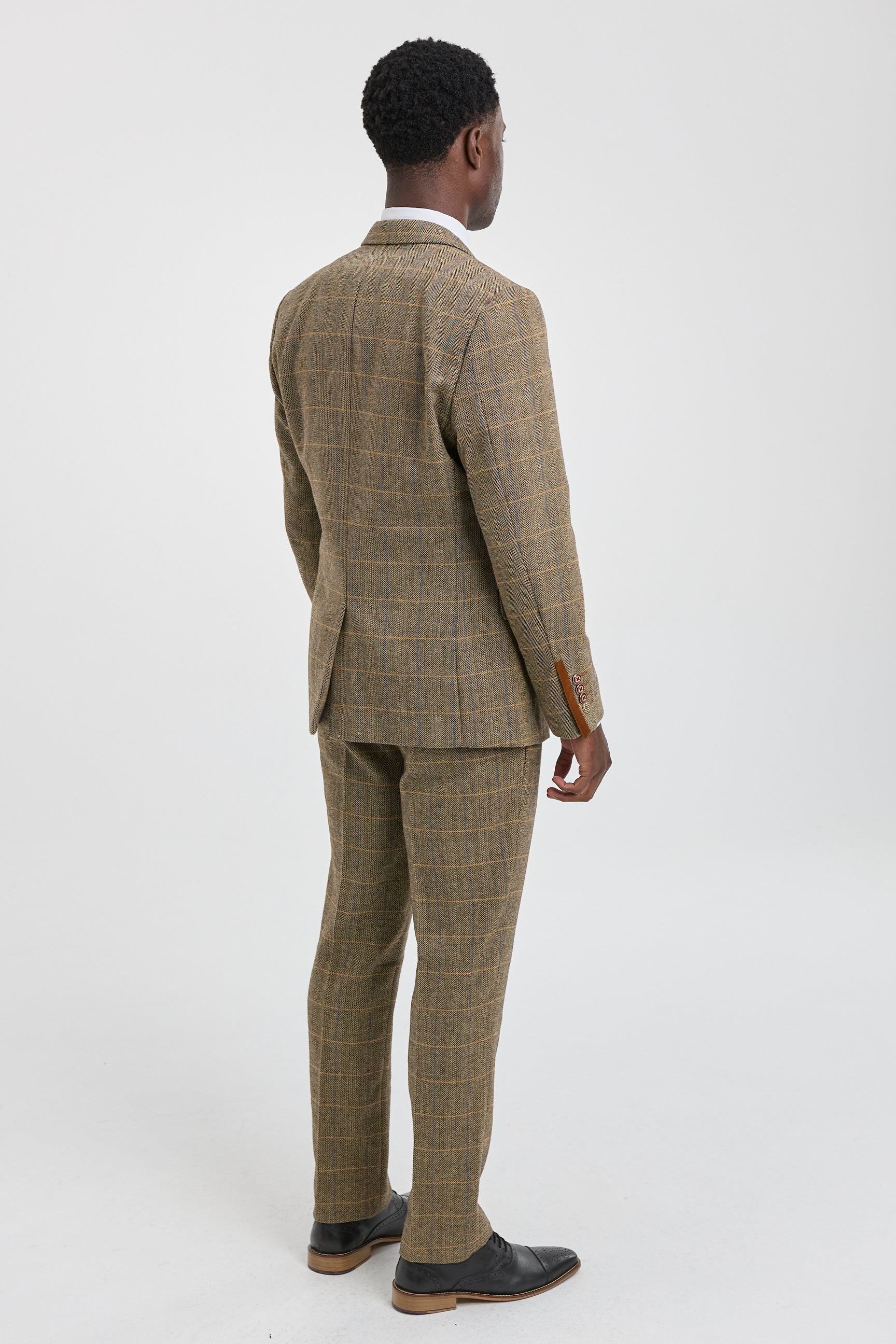 Mens 3 Piece Herringbone Tweed Tan Brown Check Suit Tailored Fit Double Classic