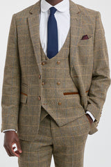 Mens 3 Piece Herringbone Tweed Tan Brown Check Suit Tailored Fit Double Classic