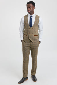Mens 3 Piece Herringbone Tweed Tan Brown Check Suit Tailored Fit Double Classic