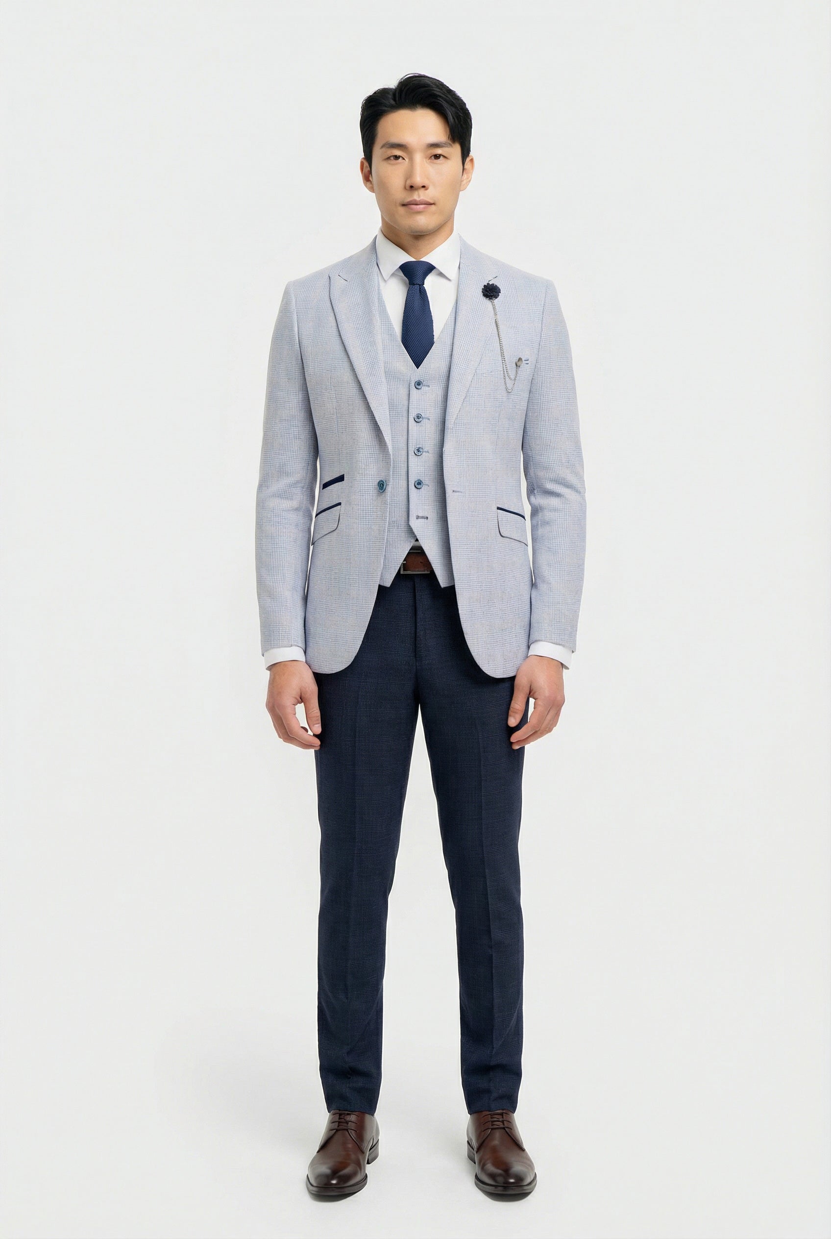 Men's Sky Blue Check 3-Piece Suit with Contrasting Navy Trousers