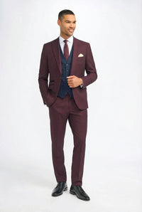 Men's Burgundy Checked Tailored Suit with Contrasting Navy Waistcoat