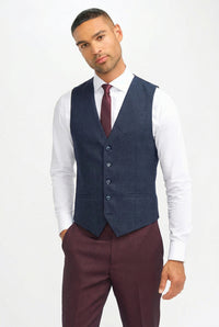Men's Burgundy Checked Tailored Suit with Contrasting Navy Waistcoat