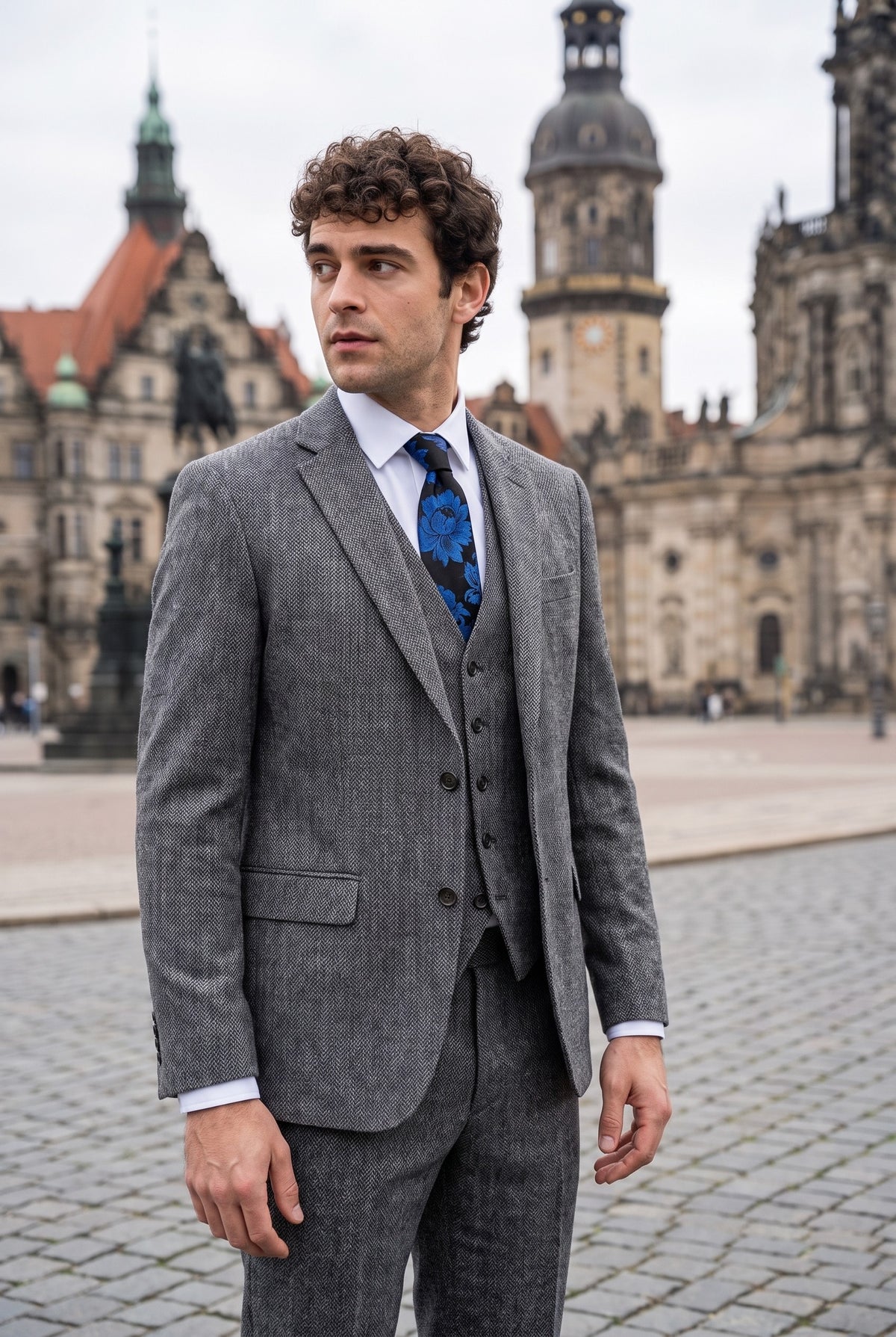 Look #974 styled with IM41 - Grey 3 Piece Herringbone Tweed Suit for Men