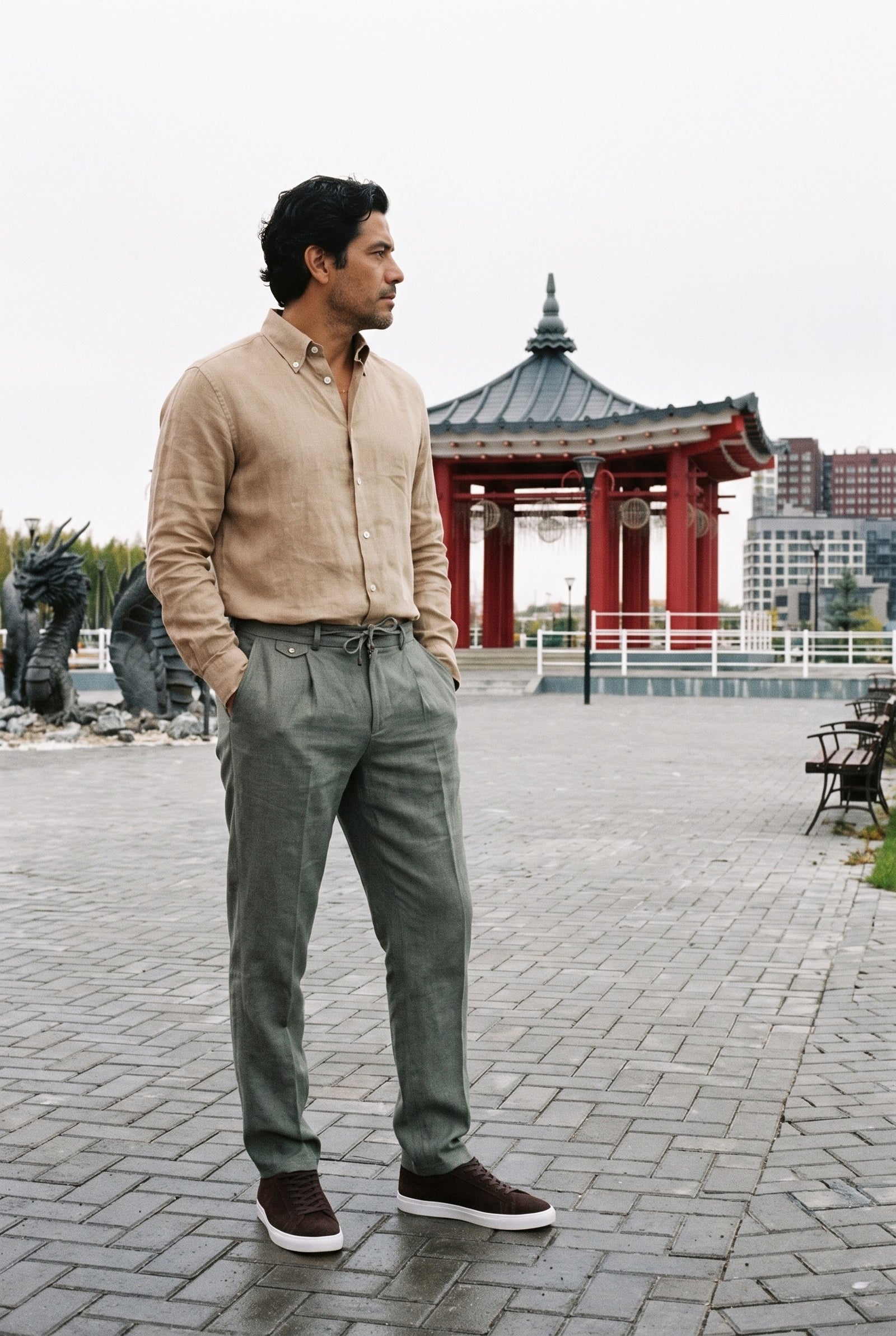Look #1030 styled with Men’s Sage Green 100% Linen Pleated Drawstring Trousers Relaxed Straight Fit