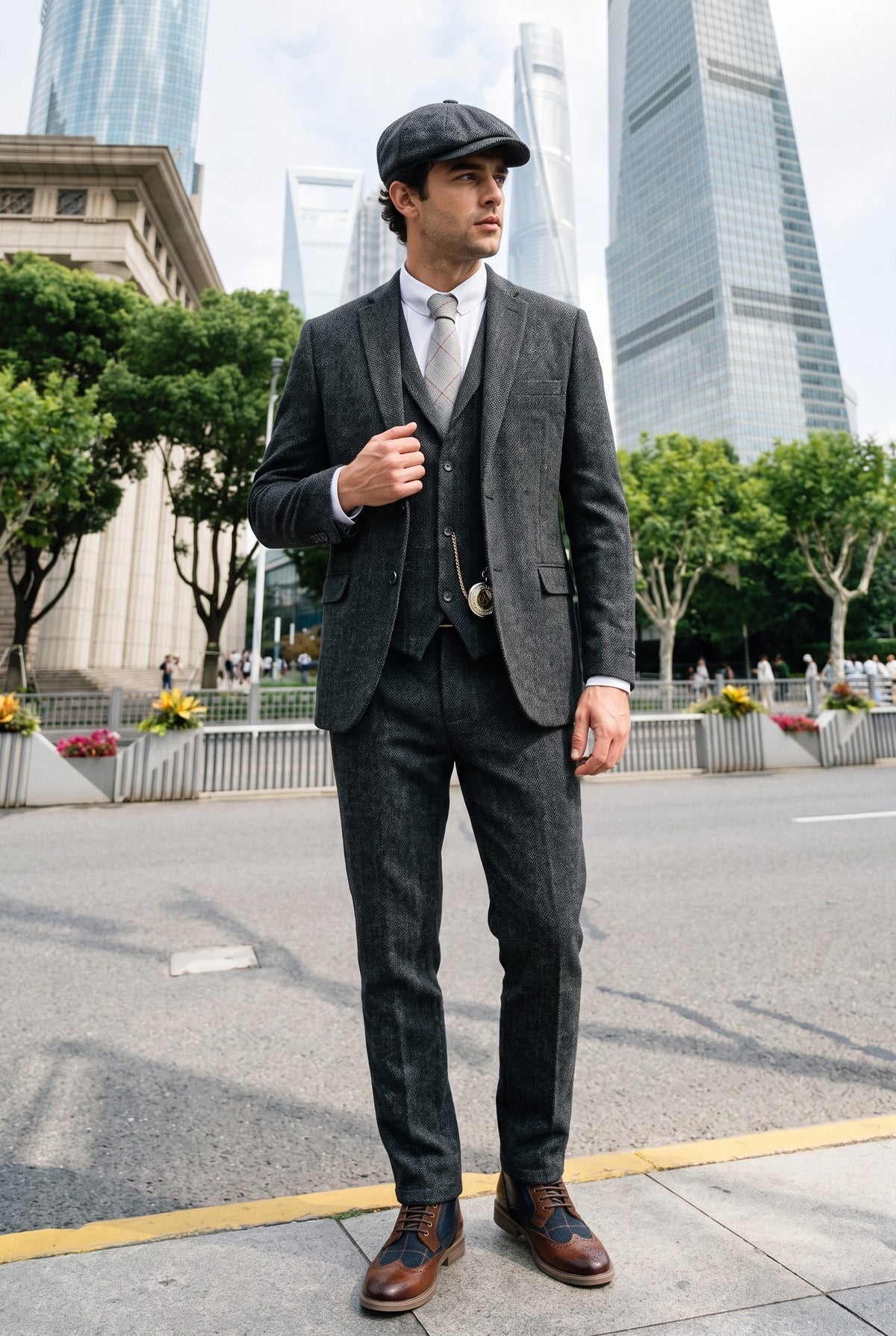 Look #882 styled with Men's Charcoal Grey 3 Piece Tweed Herringbone Suit - STZ11
