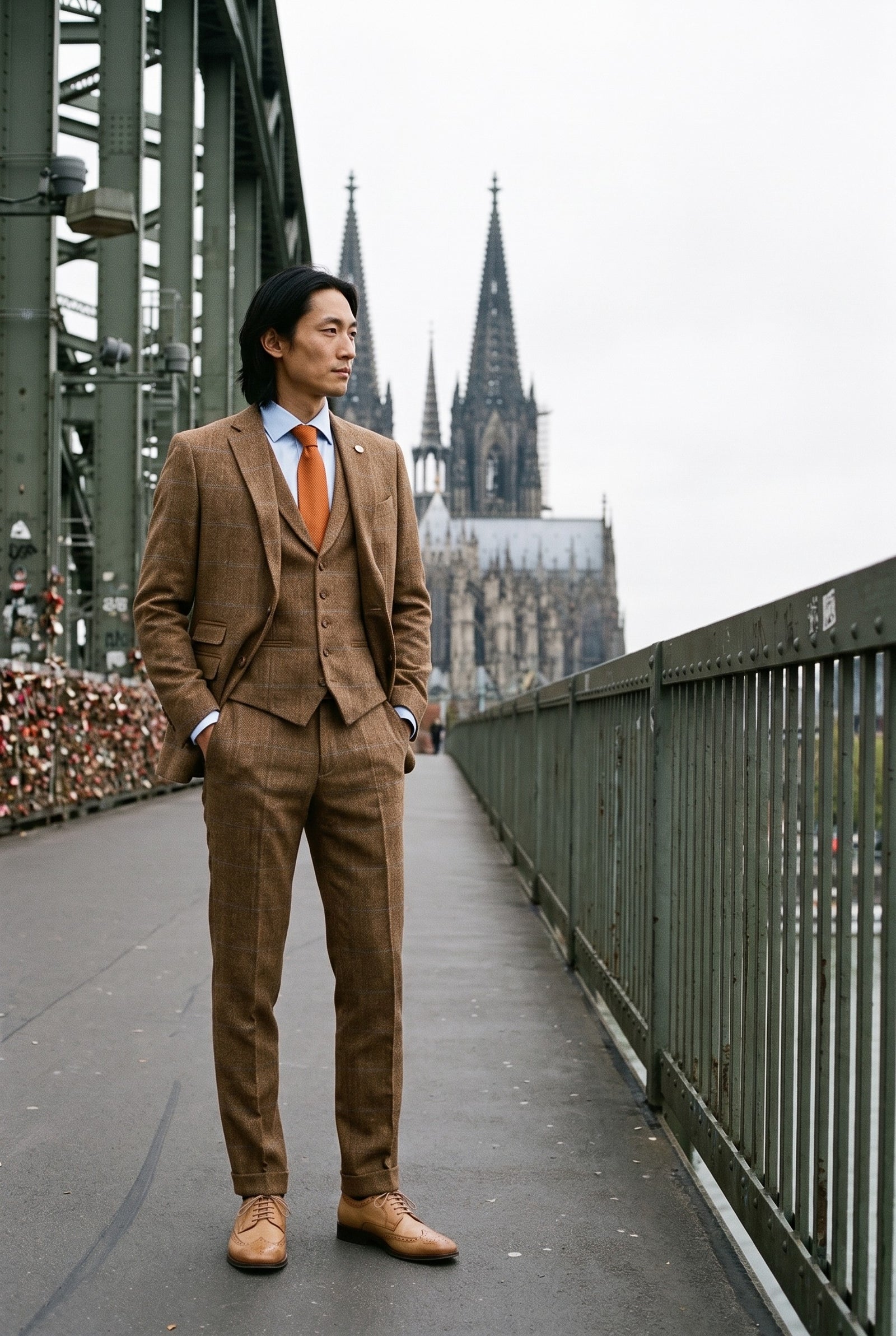 Look #982 styled with Men's 3 Piece Suit Wool Tweed Herringbone Tan Brown Blue Check 1920s Gatsby