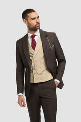 Men's Brown Tweed Check 3-Piece Suit | Cream Double-Breasted Waistcoat