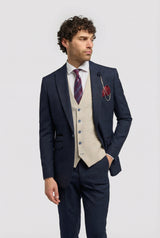 Men's Navy Blue Check 3-Piece Suit with Contrasting Cream Waistcoat