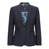 Navy blazer with floral lining on a white background