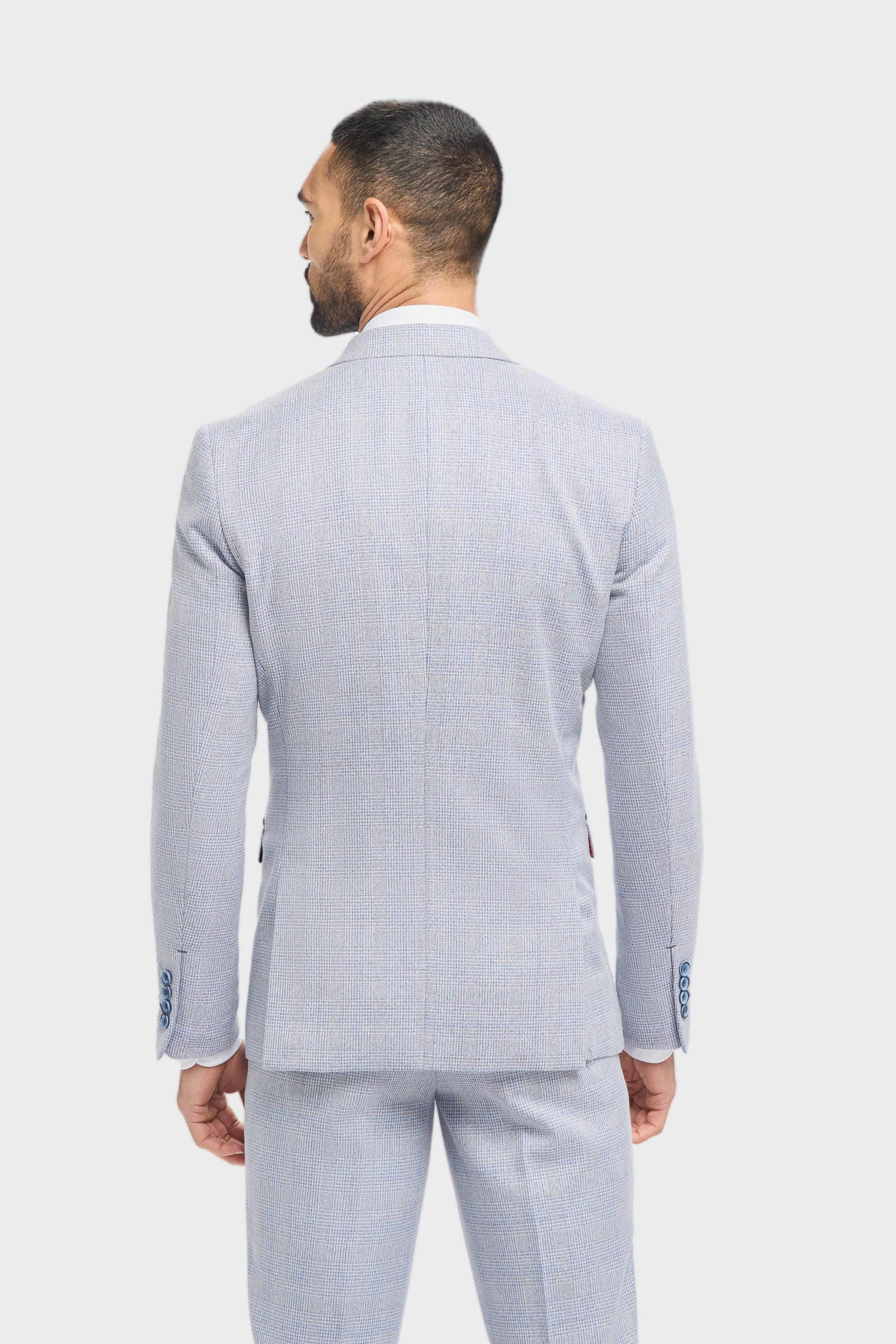 Mens 3 Piece Check Suit Tweed Light Blue Tailored Fit Wedding Peaky Classic