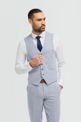 Mens 3 Piece Check Suit Tweed Light Blue Tailored Fit Wedding Peaky Classic