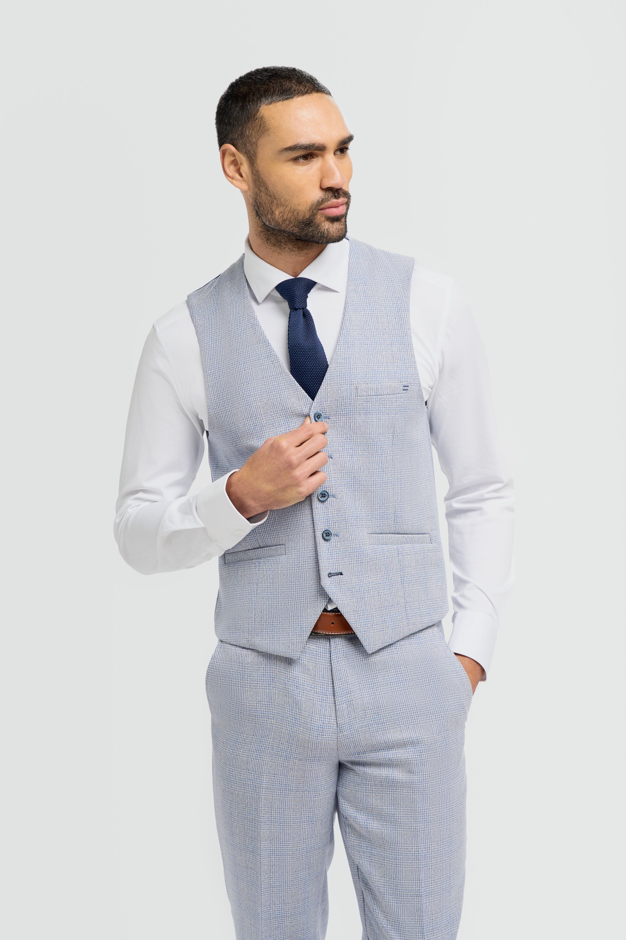 Mens 3 Piece Check Suit Tweed Light Blue Tailored Fit Wedding Peaky Classic
