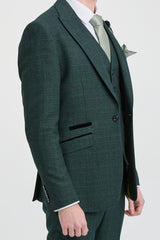 Mens 3 Piece Check Suit Tweed Olive Green Tailored Fit Wedding Peaky Classic