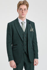 Mens 3 Piece Check Suit Tweed Olive Green Tailored Fit Wedding Peaky Classic