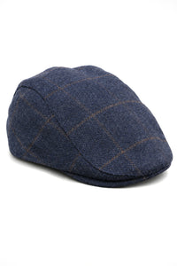 Cavani Kempson Flat Cap - Mens Tweed Wool Check Grandad Hat Vintage - Olive Green/Navy Blue