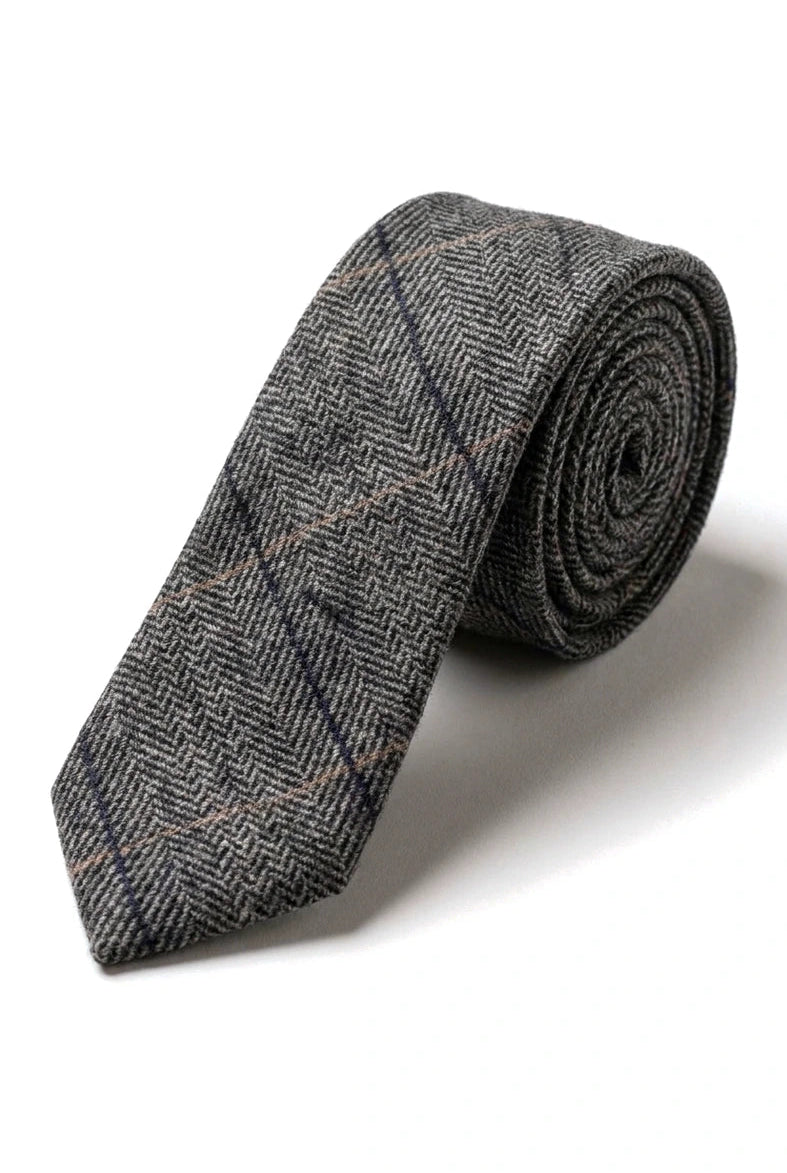 Charcoal Grey Check Tweed Tie with Hankie and Tie Clip - Charcoal Grey