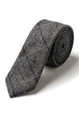 Charcoal Grey Check Tweed Tie with Hankie and Tie Clip - Charcoal Grey