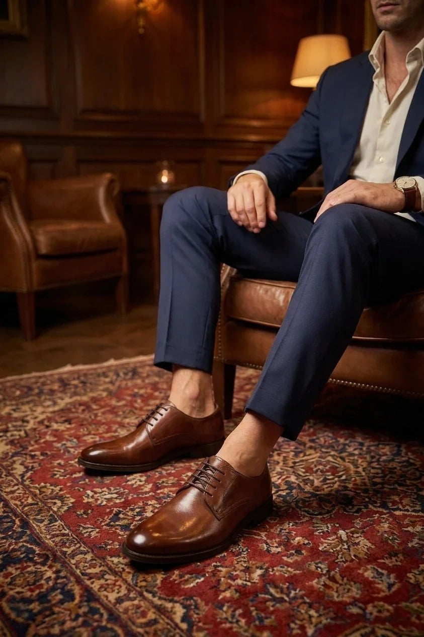 Chester - Men's Tan High-Shine Polished Derby Shoes