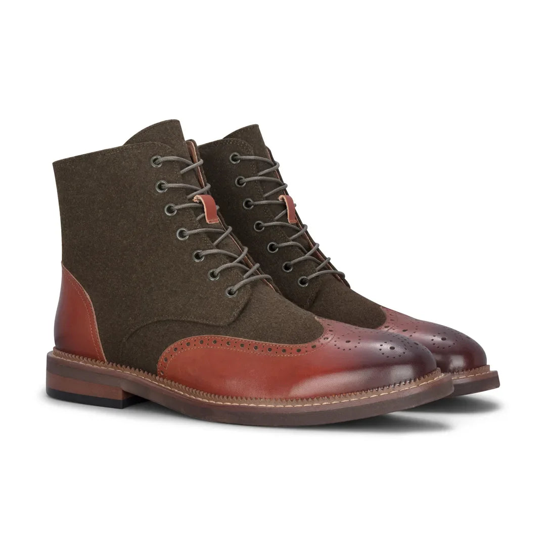 Clifford - Men's Khaki Brown Brogue Leather Ankle Boots