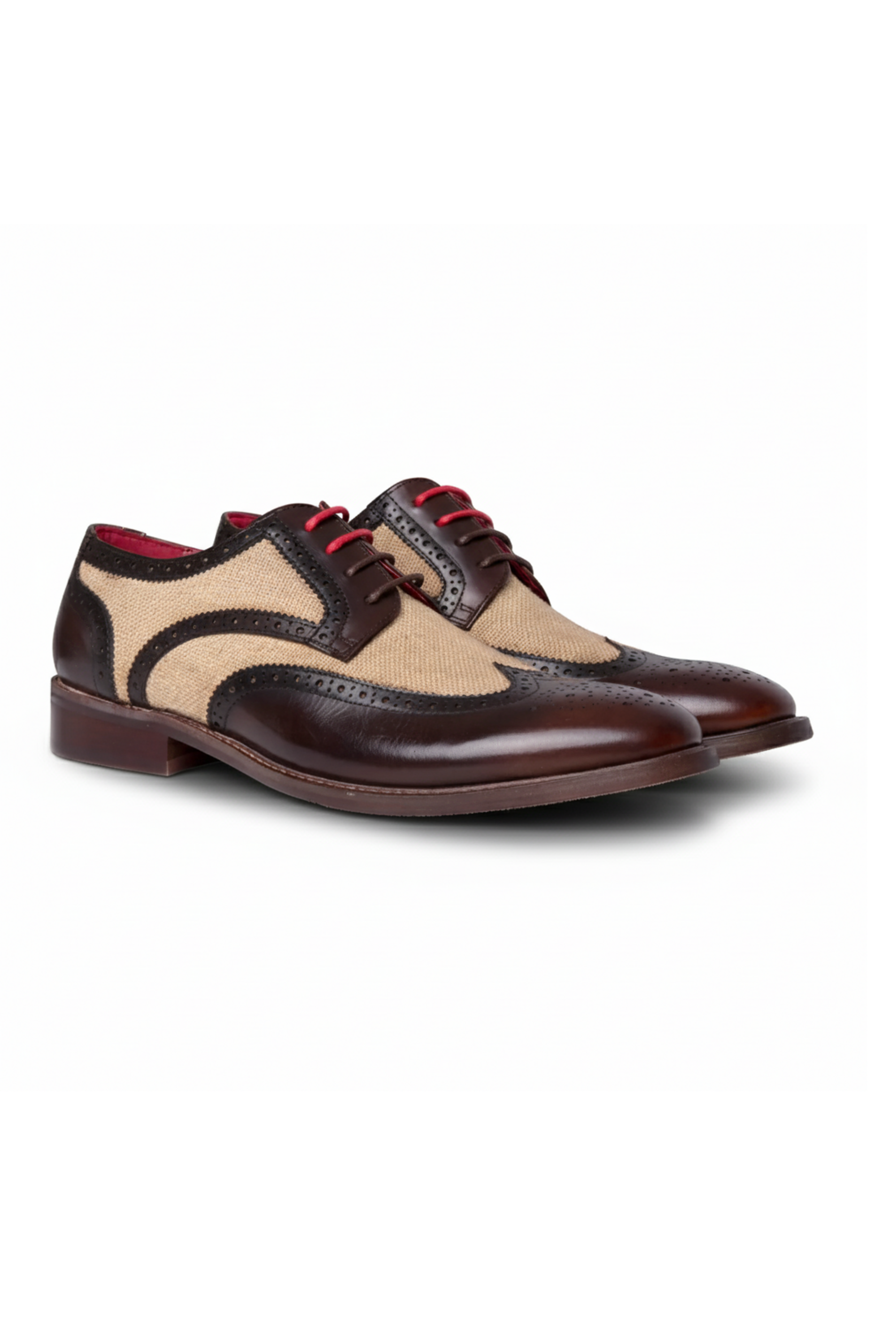 Cole - Men's Brown Leather Canvas Detailing Brogue Shoes