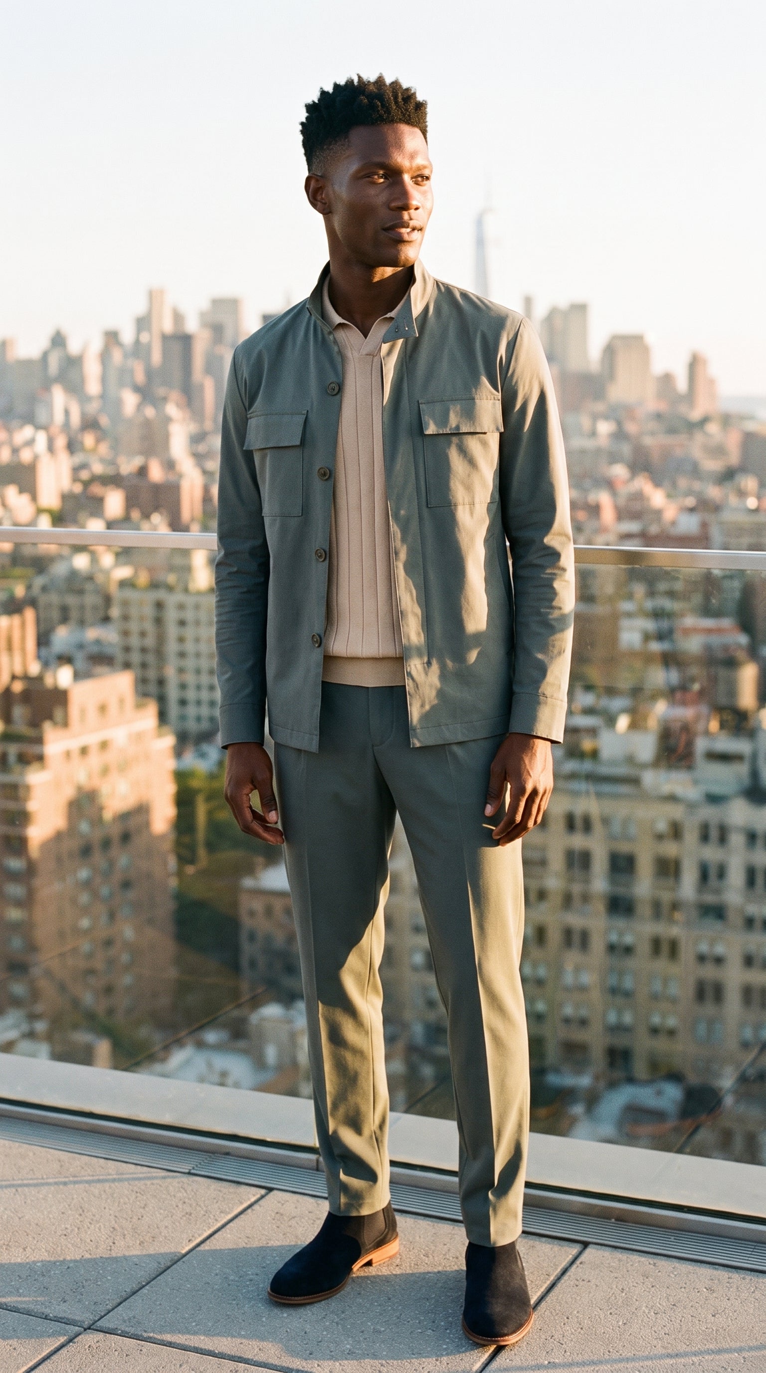 Look #404 styled with Men’s Beige Ribbed Knit Polo Shirt