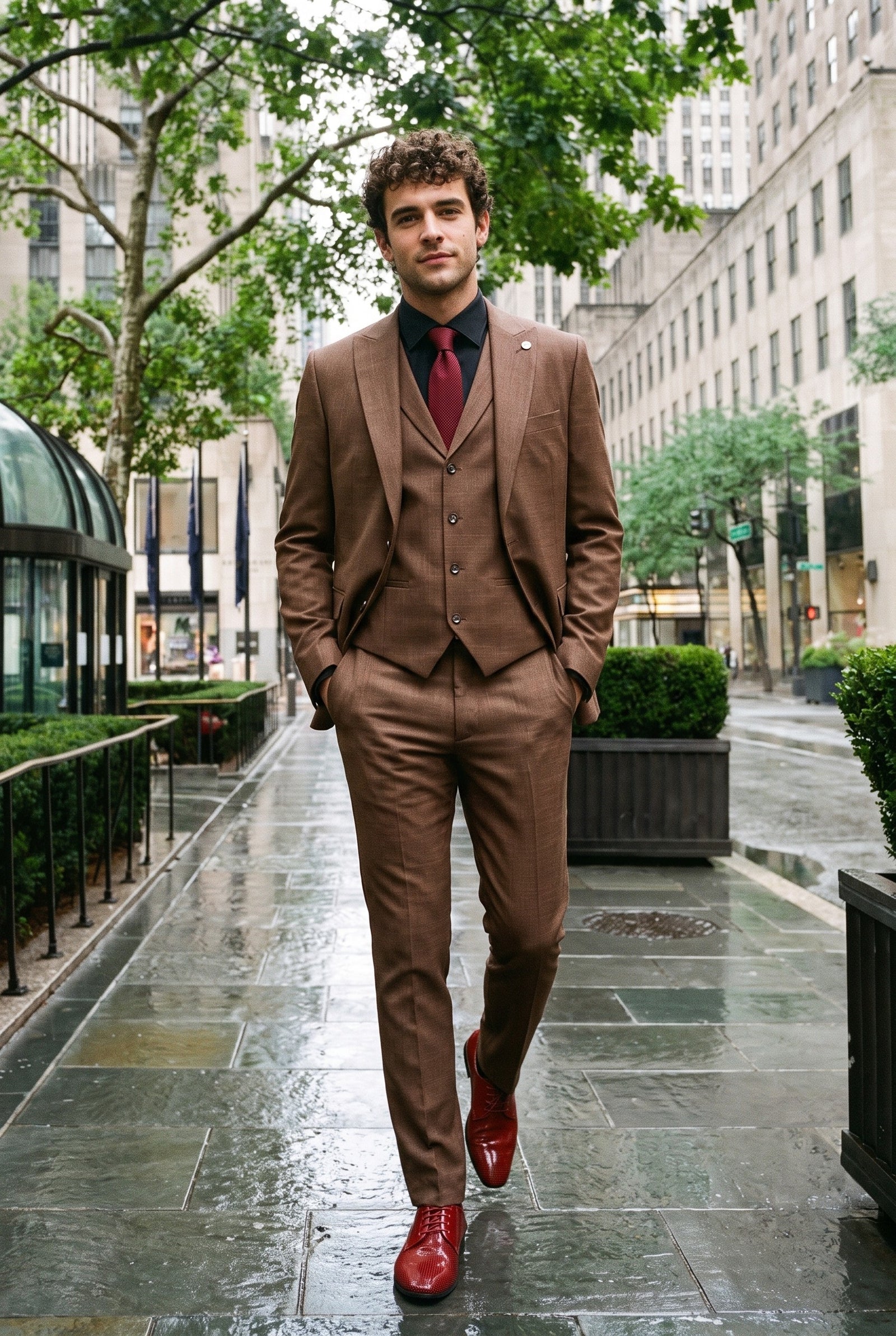 Look #284 styled with James Men's 3-Piece Plain Brown Suit with Classic Fit