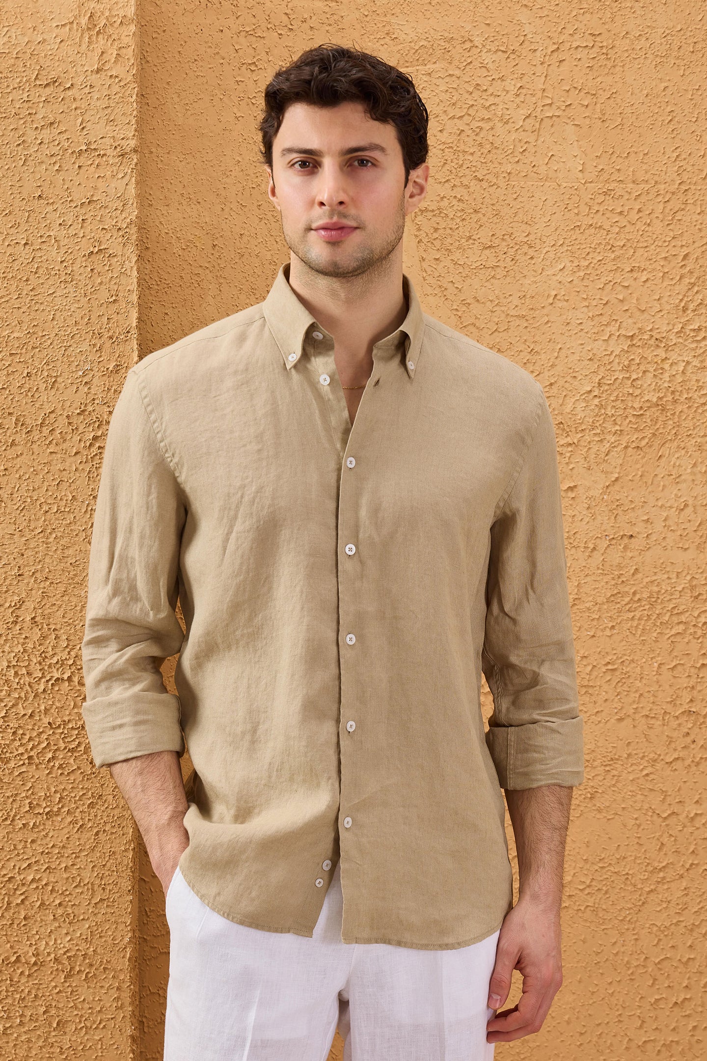 Men’s Dark Beige Pure Linen Shirt Long Sleeve Button-Down Summer Shirt