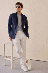 Men’s Navy Cotton Blend Safari Jacket & White Trousers Set Smart Casual Outfit