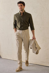 Beige Pleated Smart Casual Trousers for Men Tailored Classic Fit