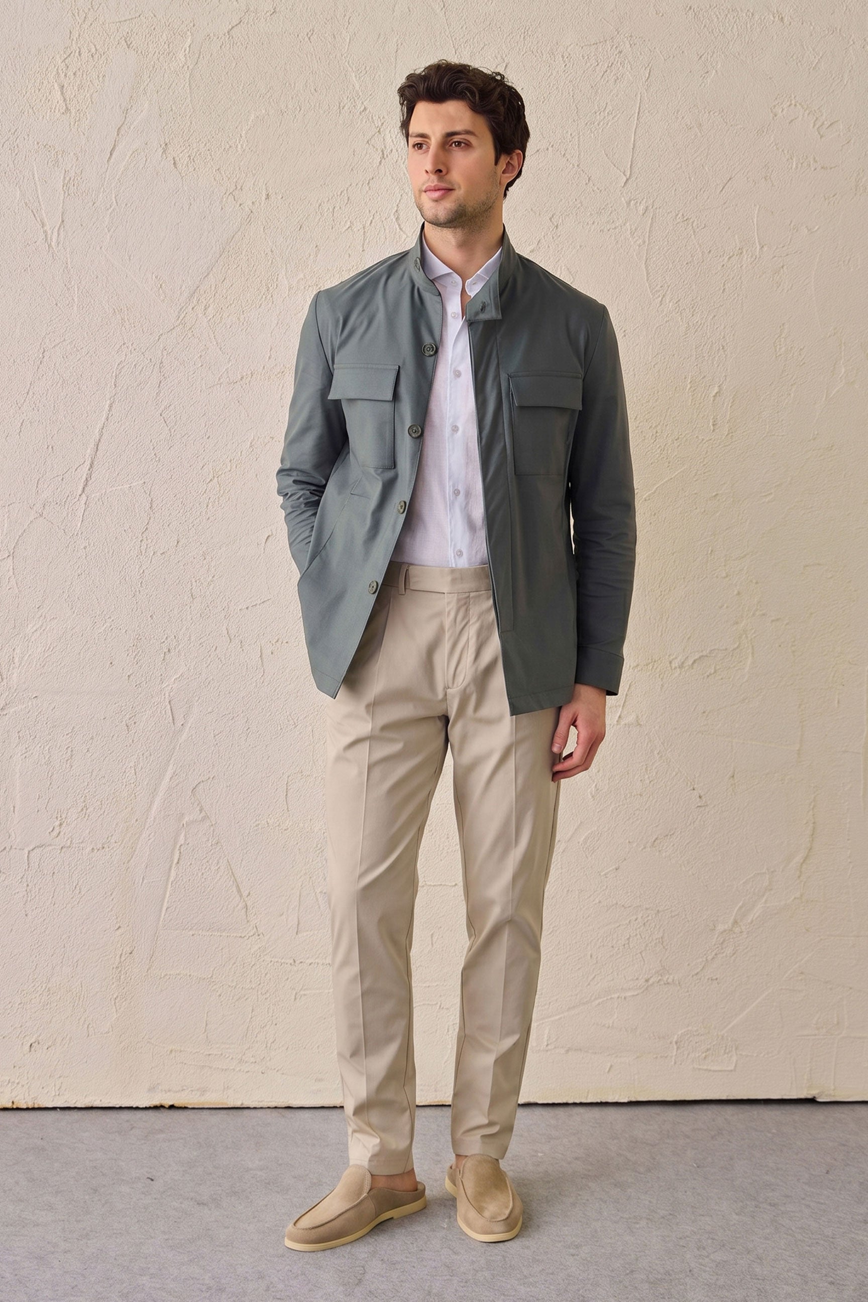 Men’s Sage Green Cotton Blend Safari Jacket & Beige Trousers Set Smart Casual Outfit