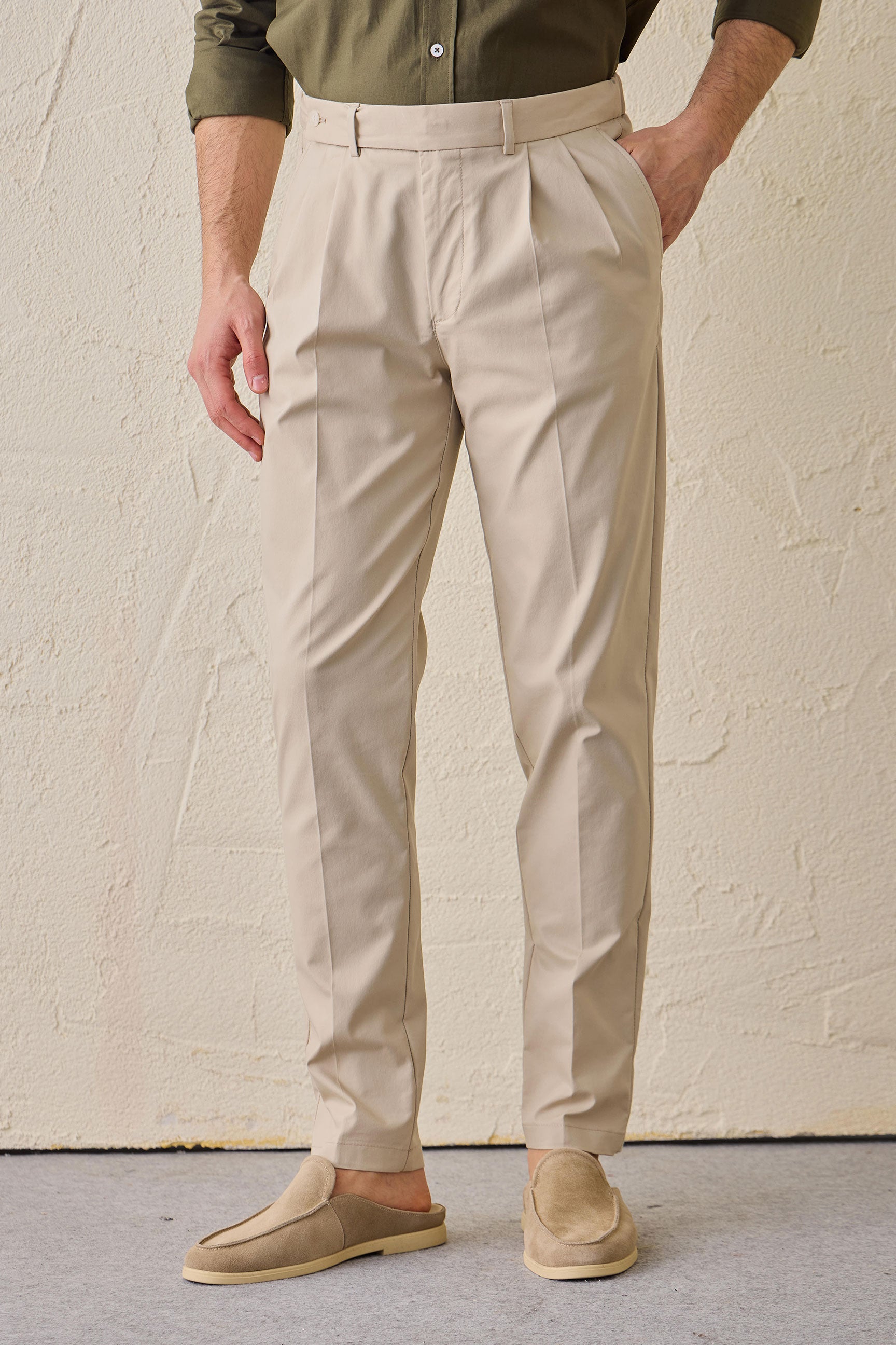 Beige Pleated Smart Casual Trousers for Men Tailored Classic Fit