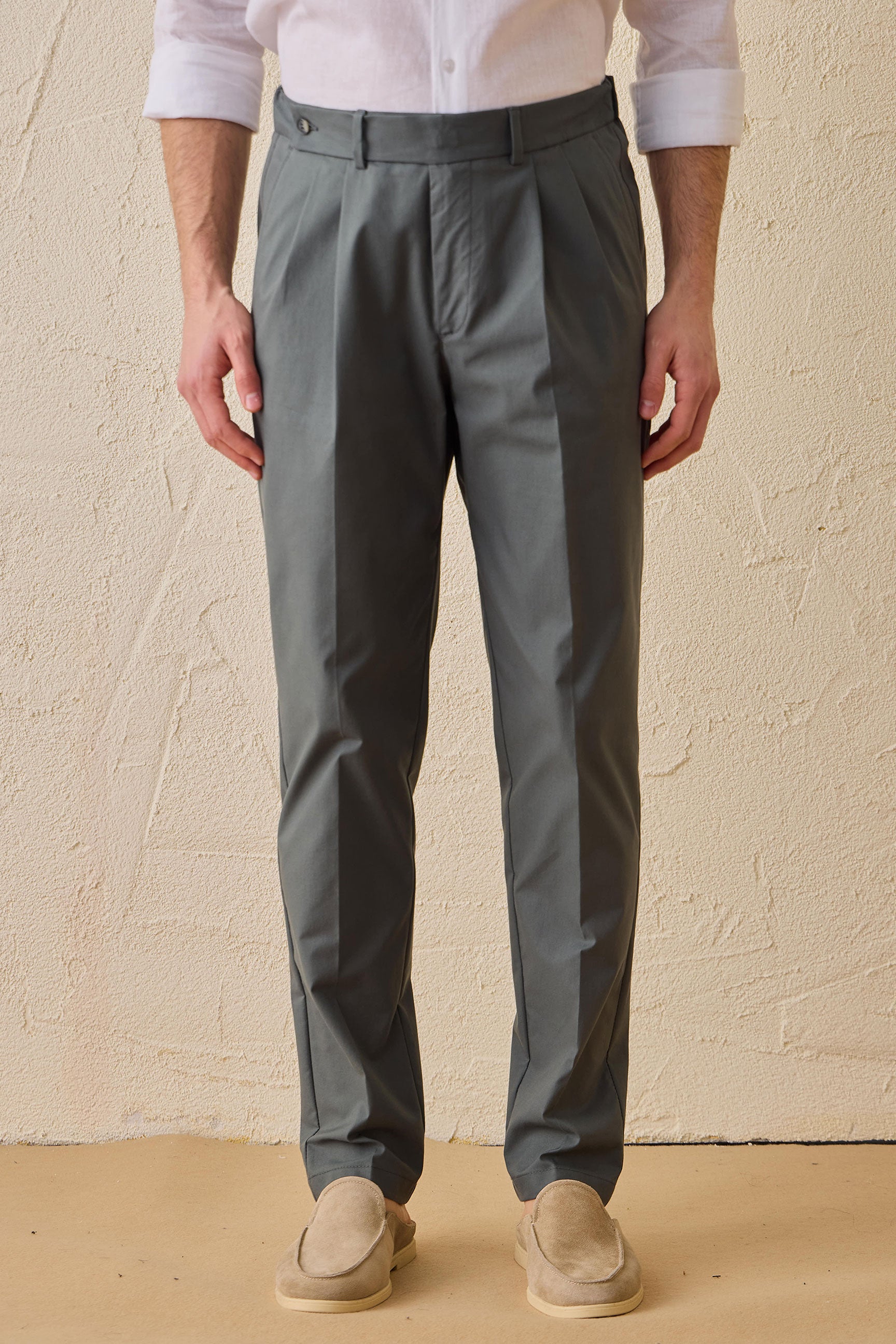 Sage Green Pleated Smart Casual Trousers for Men Tailored Classic Fit