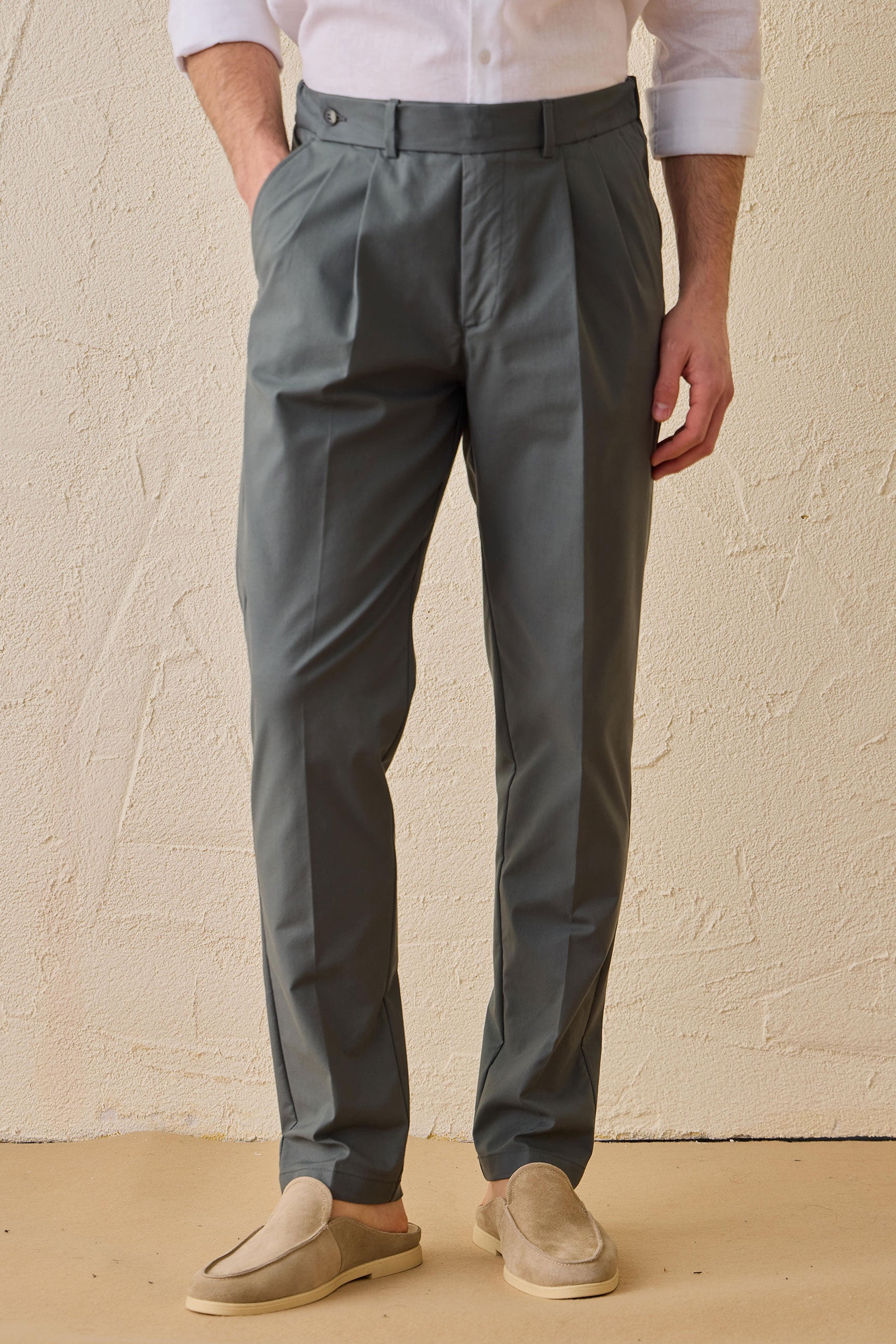 Sage Green Pleated Smart Casual Trousers for Men Tailored Classic Fit