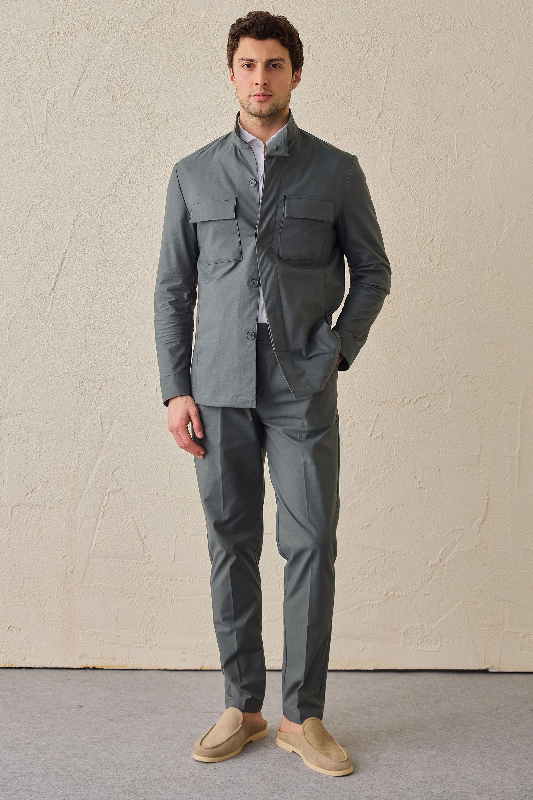Sage Green Pleated Smart Casual Trousers for Men Tailored Classic Fit