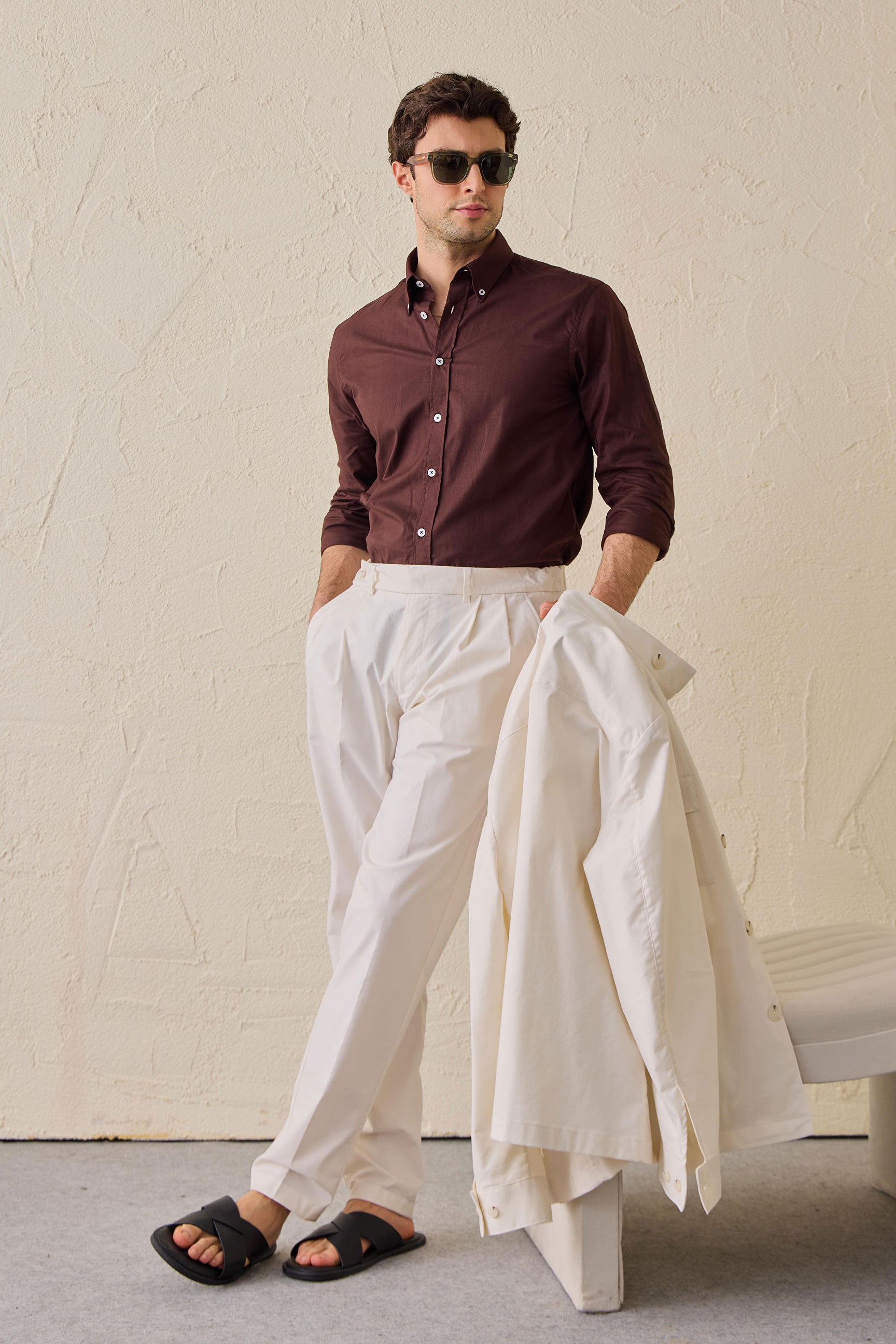 White Pleated Smart Casual Trousers for Men Tailored Classic Fit