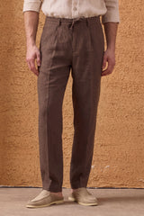 Men’s Brown 100% Linen Pleated Drawstring Trousers Relaxed Straight Fit
