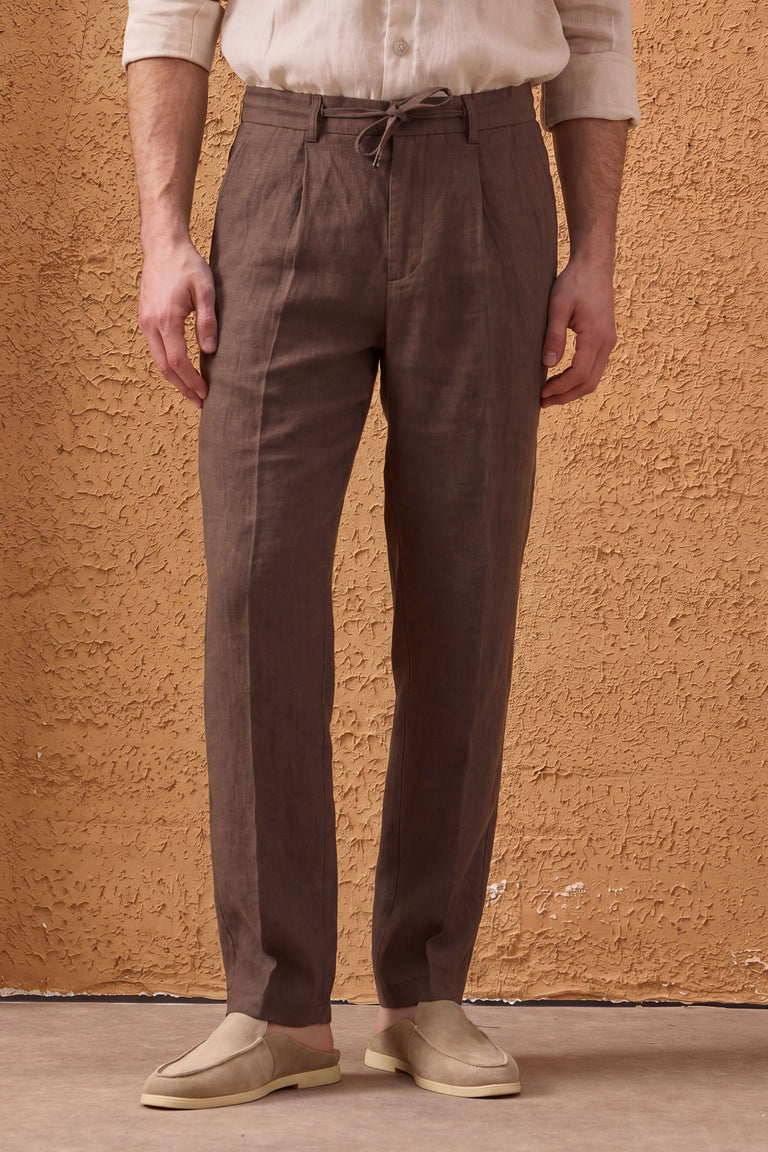 Men’s Brown 100% Linen Pleated Drawstring Trousers Relaxed Straight Fit