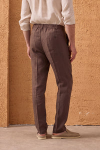 Men’s Brown 100% Linen Pleated Drawstring Trousers Relaxed Straight Fit
