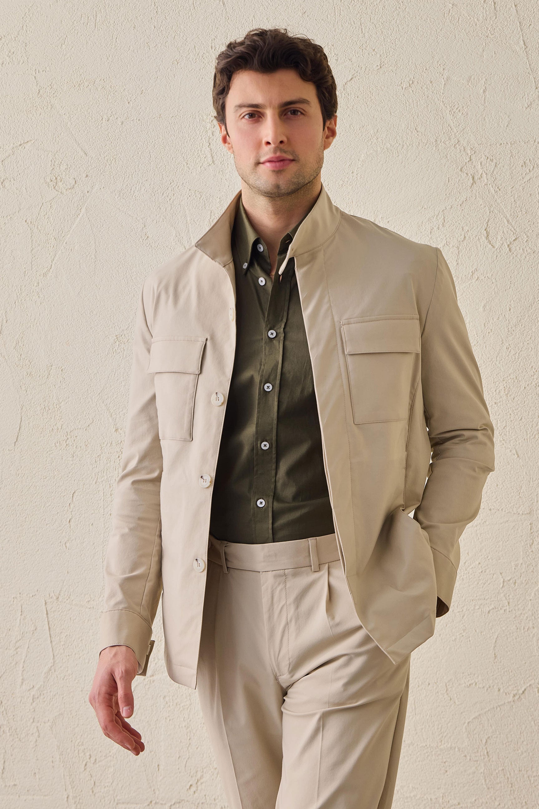 Men’s Beige Utility Jacket Lightweight Cotton Blend Smart Casual Jacket