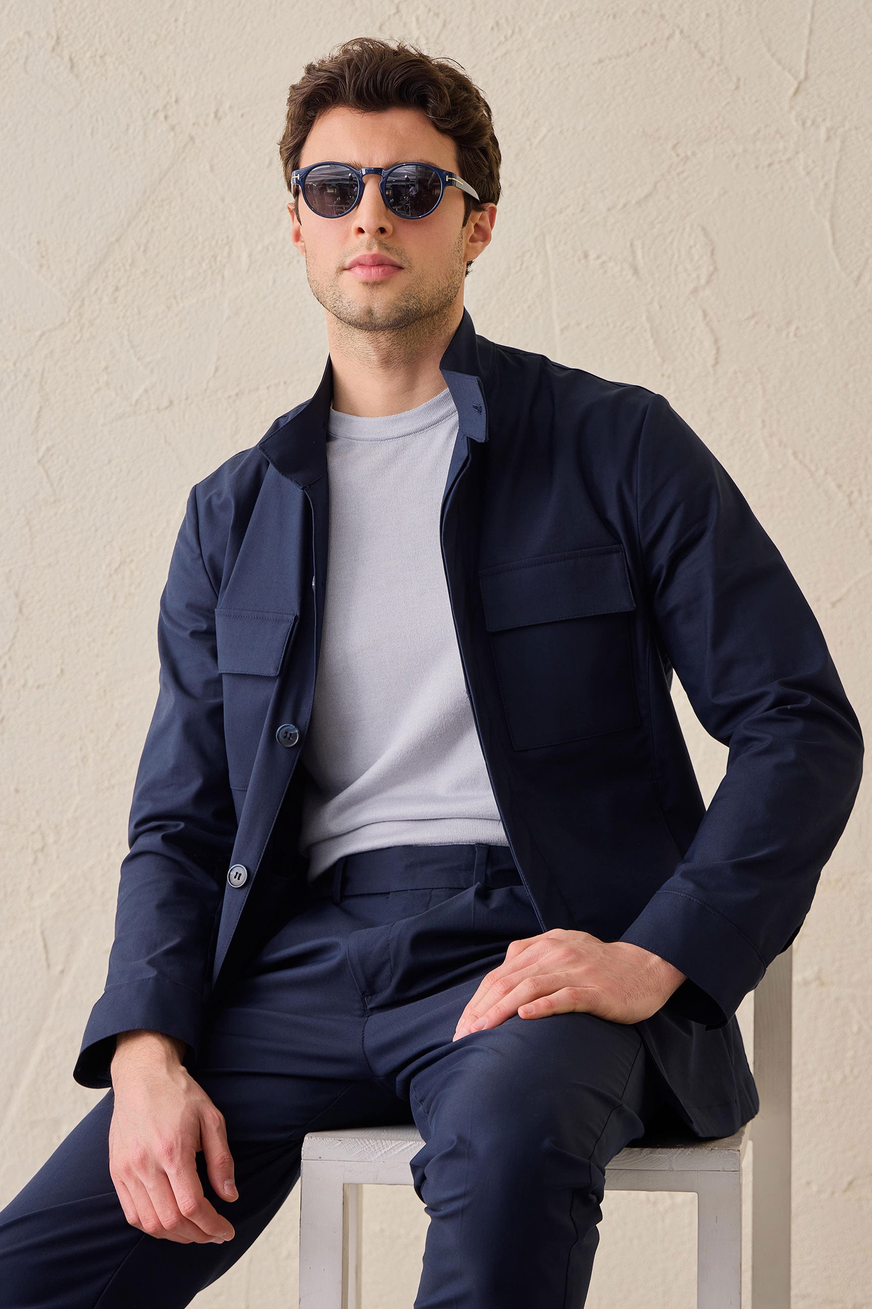 Men’s Navy Smart Casual 2 Piece Suit Safari Style Stand Collar Stretch Set