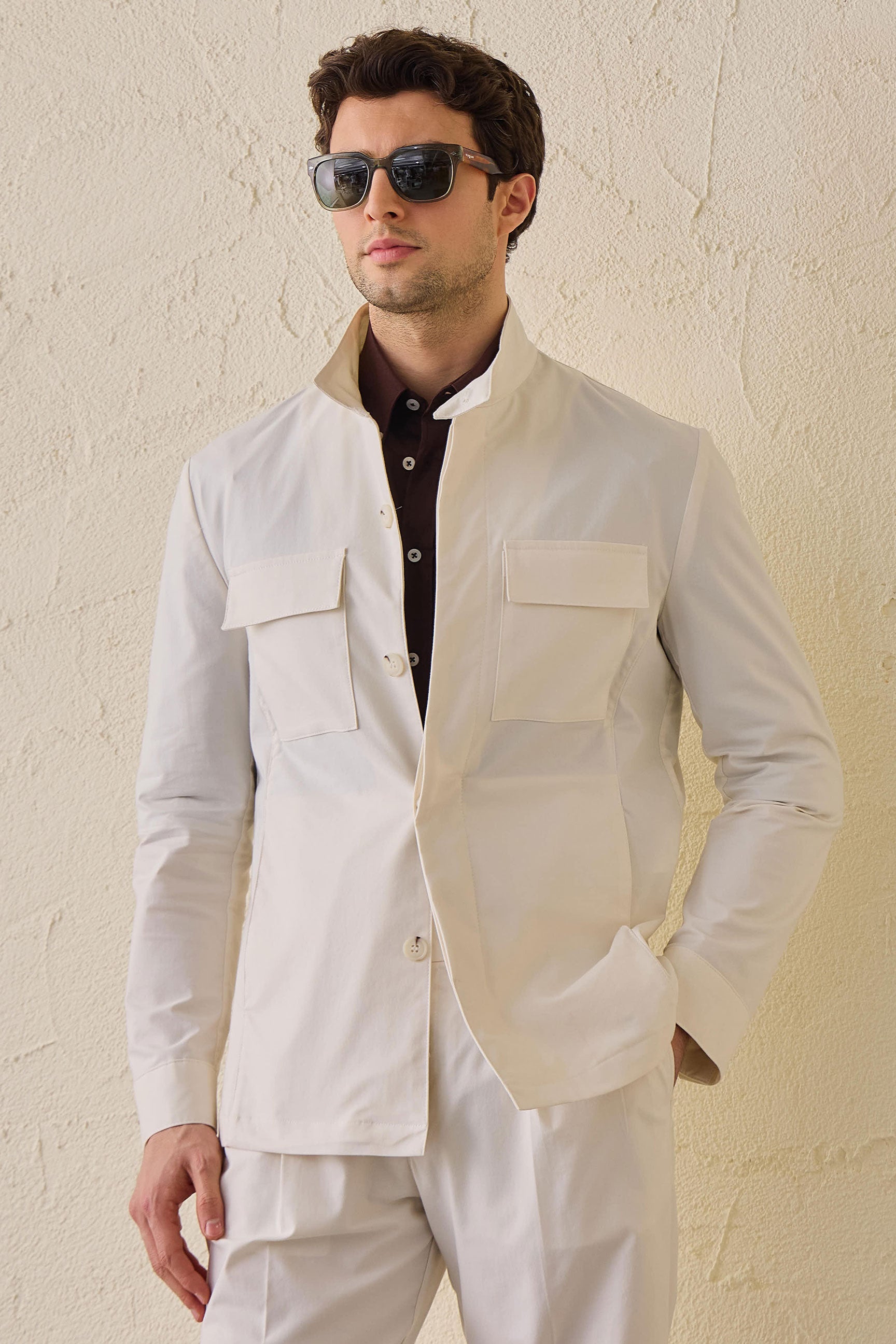 Men’s White Utility Jacket Lightweight Cotton Blend Smart Casual Jacket