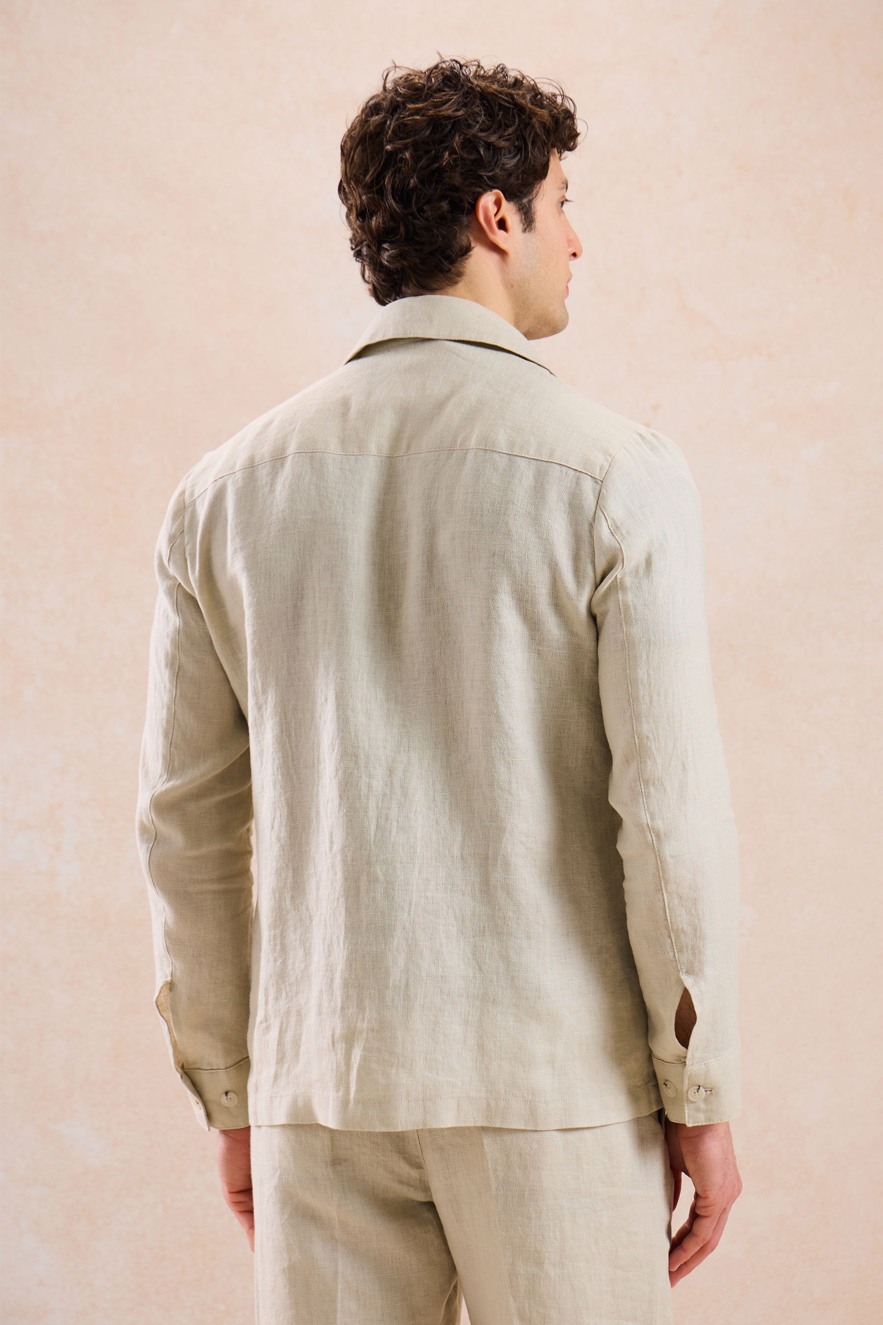 Men’s Beige Linen Zip-Up Shirt Jacket Lightweight Summer Overshirt