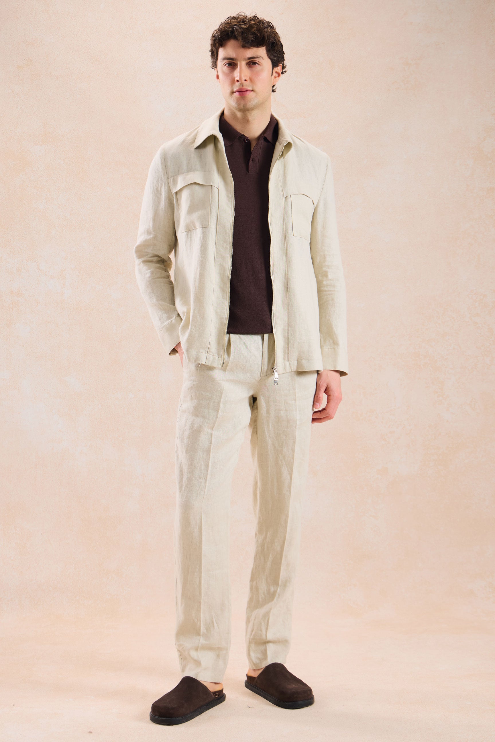 Men’s Beige Linen Zip-Up Shirt Jacket Lightweight Summer Overshirt