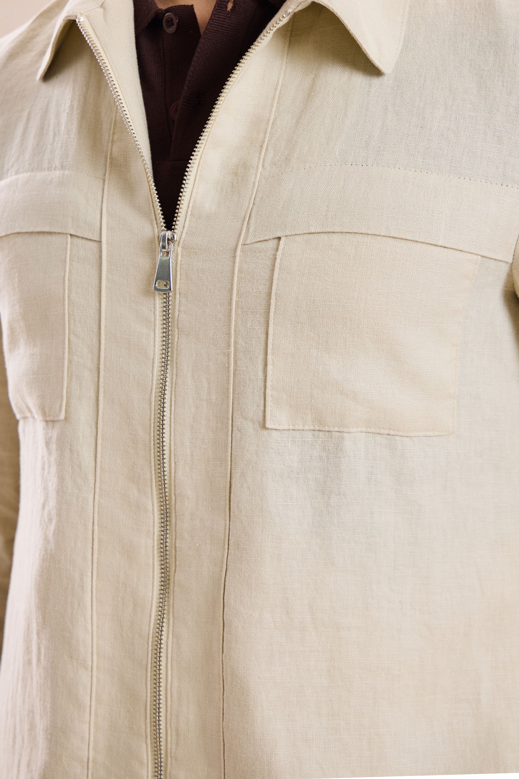 Men’s Beige Linen Smart Casual 2 Piece Suit Zip Front Safari Style Summer