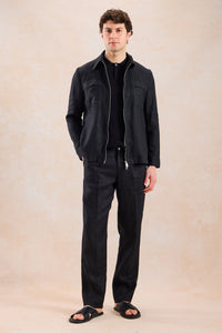 Men’s Black Linen Zip-Up Shirt Jacket Lightweight Summer Overshirt