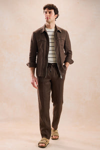 Men’s Brown Linen Smart Casual 2 Piece Suit Zip Front Safari Style Summer