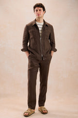 Men’s Brown Linen Zip-Up Shirt Jacket Lightweight Summer Overshirt