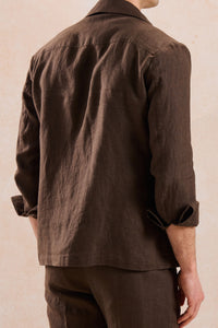 Men’s Brown Linen Zip-Up Shirt Jacket Lightweight Summer Overshirt