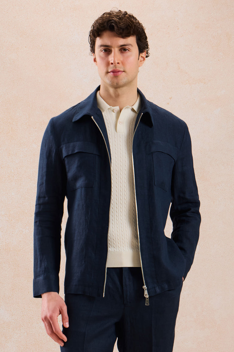Men’s Navy Linen Zip-Up Shirt Jacket Lightweight Summer Overshirt